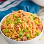 close up of a white bowl full of ham fried rice recipe