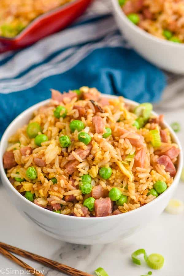 close up of a white bowl full of ham fried rice recipe