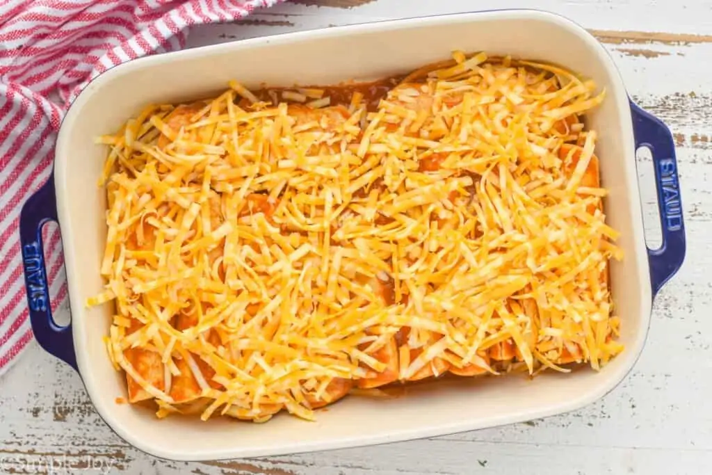 overhead of a casserole dish full of chicken enchiladas topped with shredded cheese