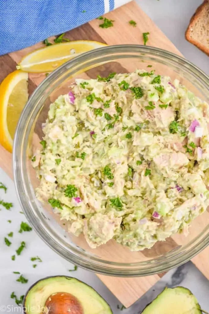 overhead view of a bowl of avocado tuna salad