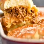 pinterest graphic of a cheeseburger slider being pulled out of a pan