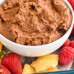 pinterest graphic of a white bowl filled with chocolate hummus