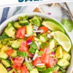 pinterest graphic of overhead of a cucumber avocado salad