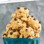 pinterest graphic of a large blue bowl with lots of scoops of chocolate chip cookie dough