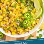 pinterest graphic of overhead of a bowl of grilled pineapple salsa