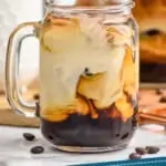 pinterest graphic of close up of a mason jar mug of iced coffee