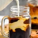 pinterest graphic of half and half being poured into an iced coffee