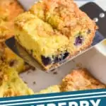 pinterest graphic of a piece of blueberry coffee cake being served out of a dish