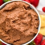 close up overhead of a bowl of chocolate hummus recipe