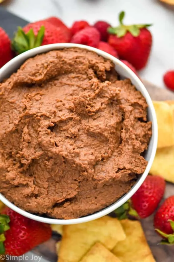 close up overhead of a bowl of chocolate hummus recipe