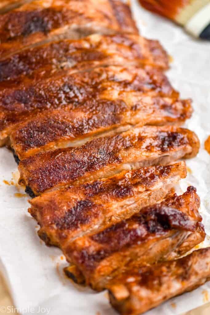 close up of a rack of ribs that has been cooked with pork rib rub