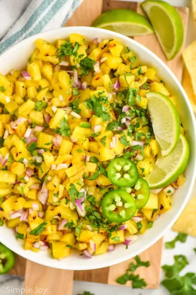 overhead of a bowl of grilled pineapple salsa