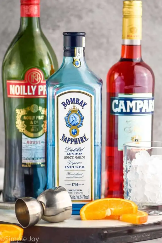bottle of vermouth, gin, and Campari, the negori ingredients