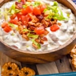 pinterst graphic of side view of a bowl of blt dip recipe