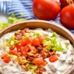 pinterest graphic of side view of a bowl of blt dip recipe