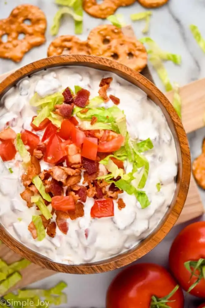 overhead of a bowl of blt dip