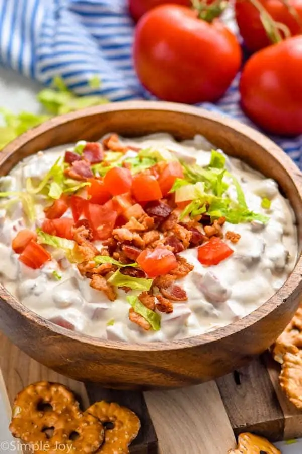 side view of a bowl of blt dip recipe