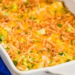 white casserole dish filled with chicken broccoli and rice casserole topped with fried onions - 19