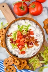 overhead of a bowl of cold blt dip