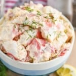 side view of a bowl of crab salad garnished with fresh dill - 19