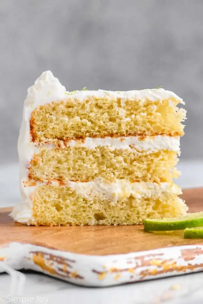 side view of a piece of homemade key lime cake