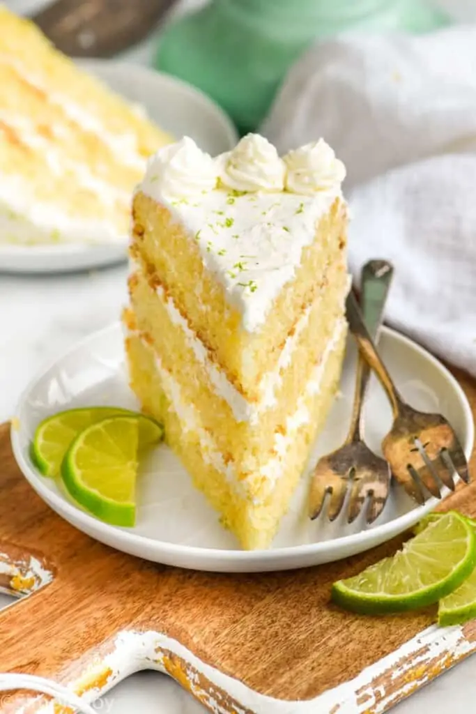 front on picture of a piece of key lime cake on a white plate standing up