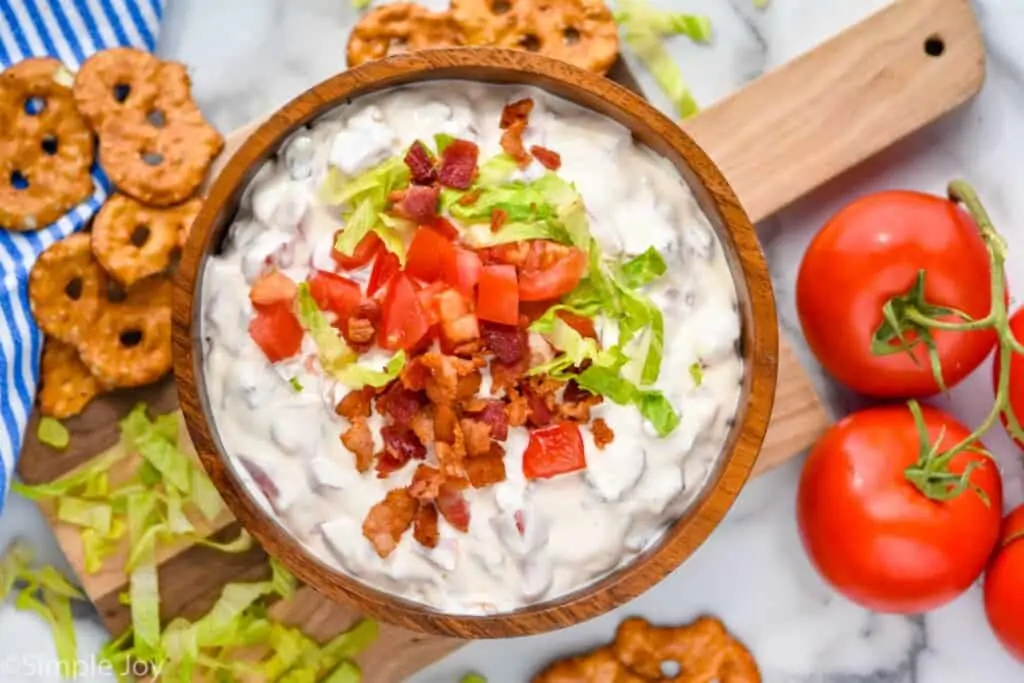 overhead of a bowl of cold blt dip