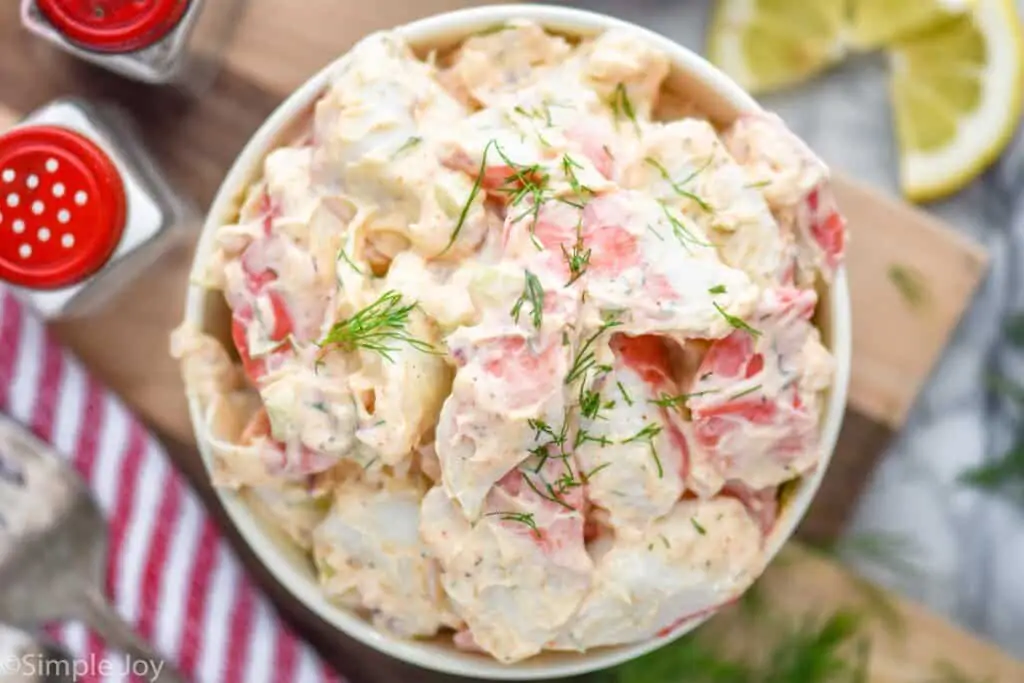 overhead view of imitation crab salad in a bowl