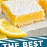 Pinterest graphic of a close up of a lemon bar on parchment paper