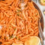 overhead ove a skillet full of penne Alla vodka recipe - 10