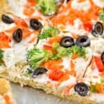close up of a veggie pizza recipe in a baking sheet