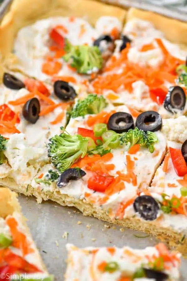 close up of a veggie pizza recipe in a baking sheet