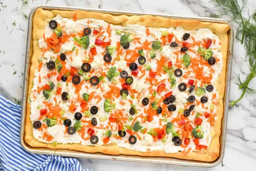 overhead image of cold veggie pizza