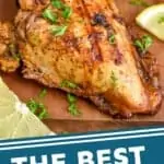 pinterest graphic of a chicken breast that has been marinated and then grilled on a cutting board garnished with parsley