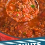a ladle full of spaghetti sauce, says: "30 minute spaghetti meat sauce simplejoy.com"