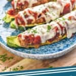 Pinterest graphic of four zucchini boats on a plate