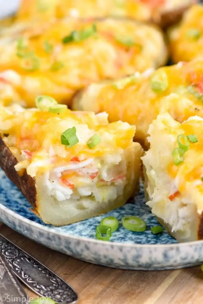 close up of a crab twice baked potato cut in half