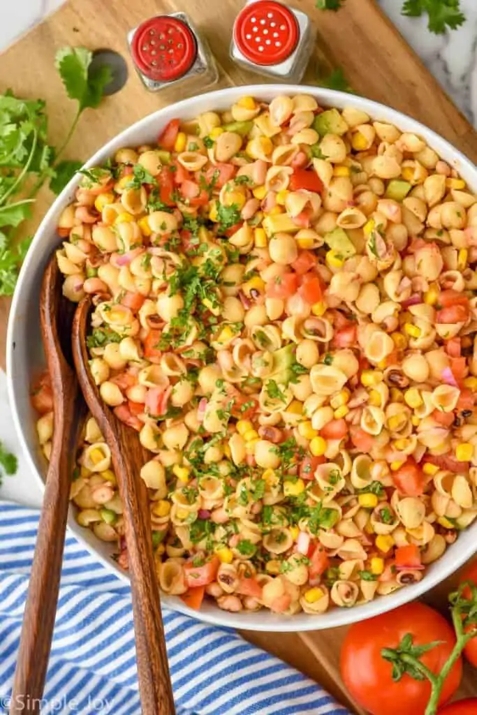 overhead of a big bowl of cowboy caviar pasta salad