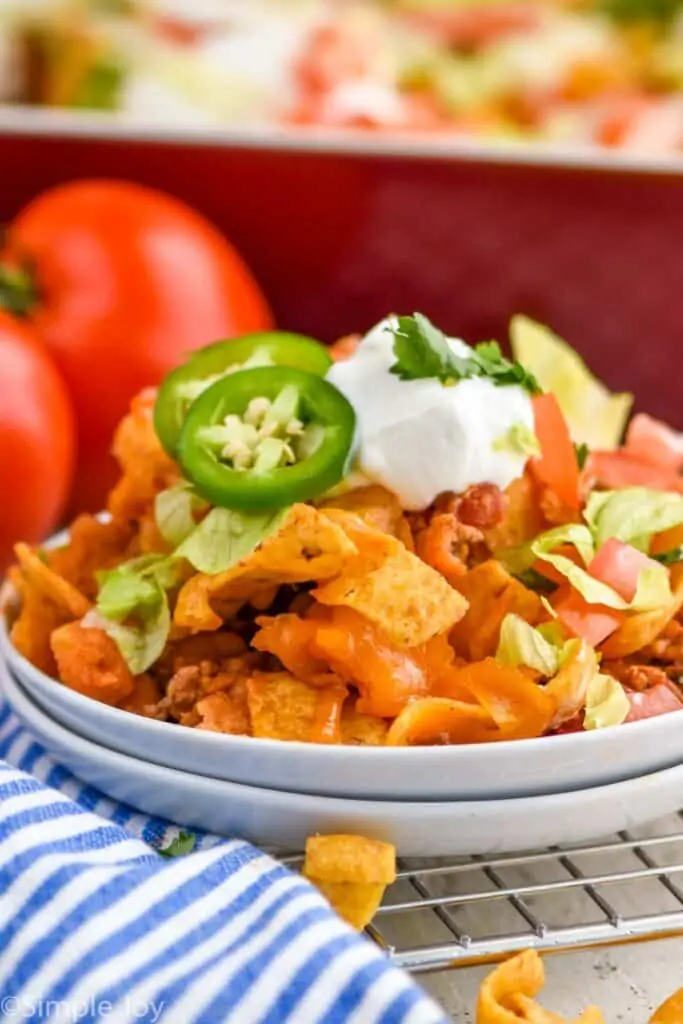 close up of taco casserole recipe on two small white plates