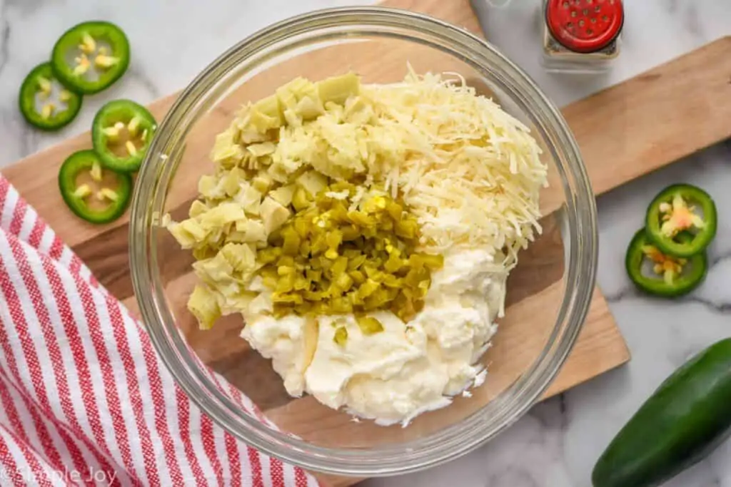 overhead of ingredients for artichoke dip