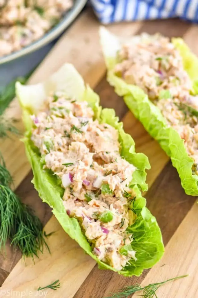 salmon salad in lettuce cups