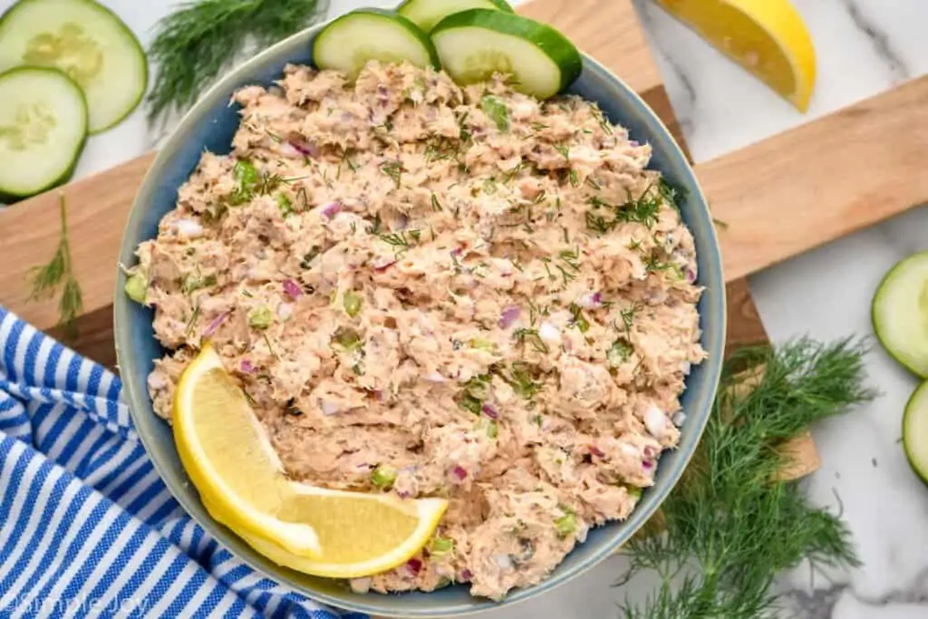 overhead of a bowl of salmon salad recipe