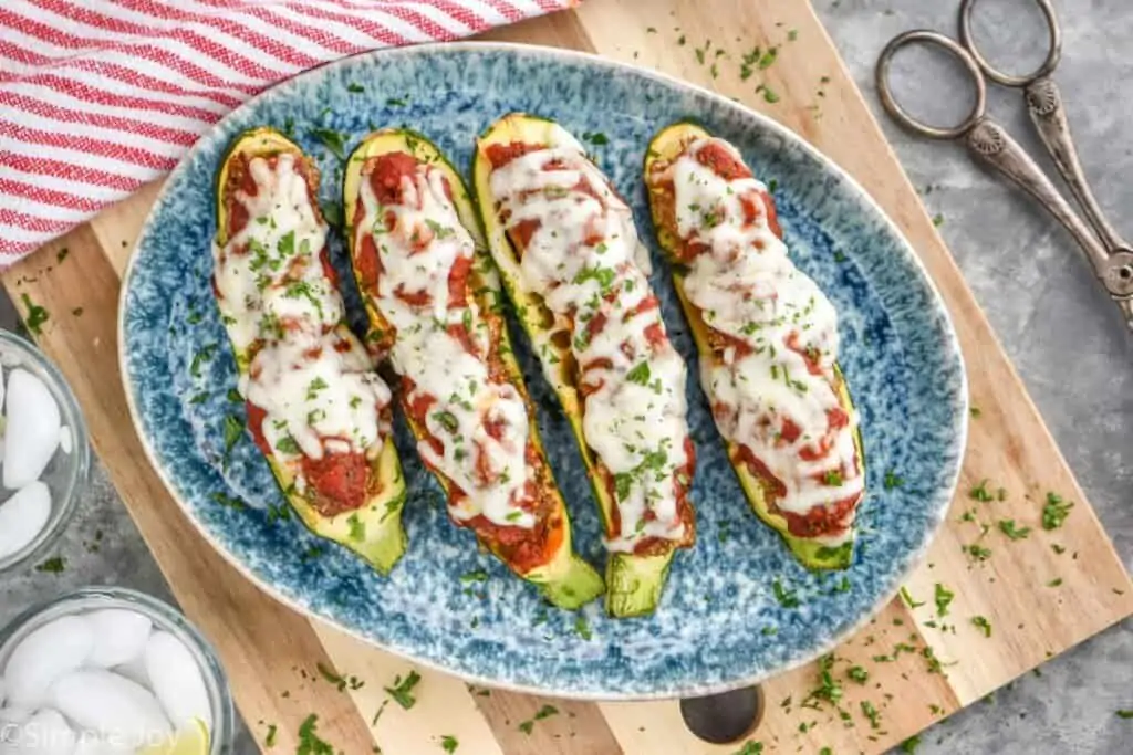 overhead of stuffed zucchini recipes on a plate