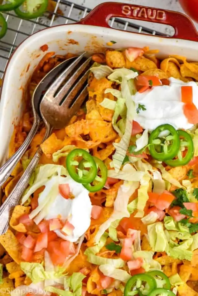 close up of taco casserole in a baking dish