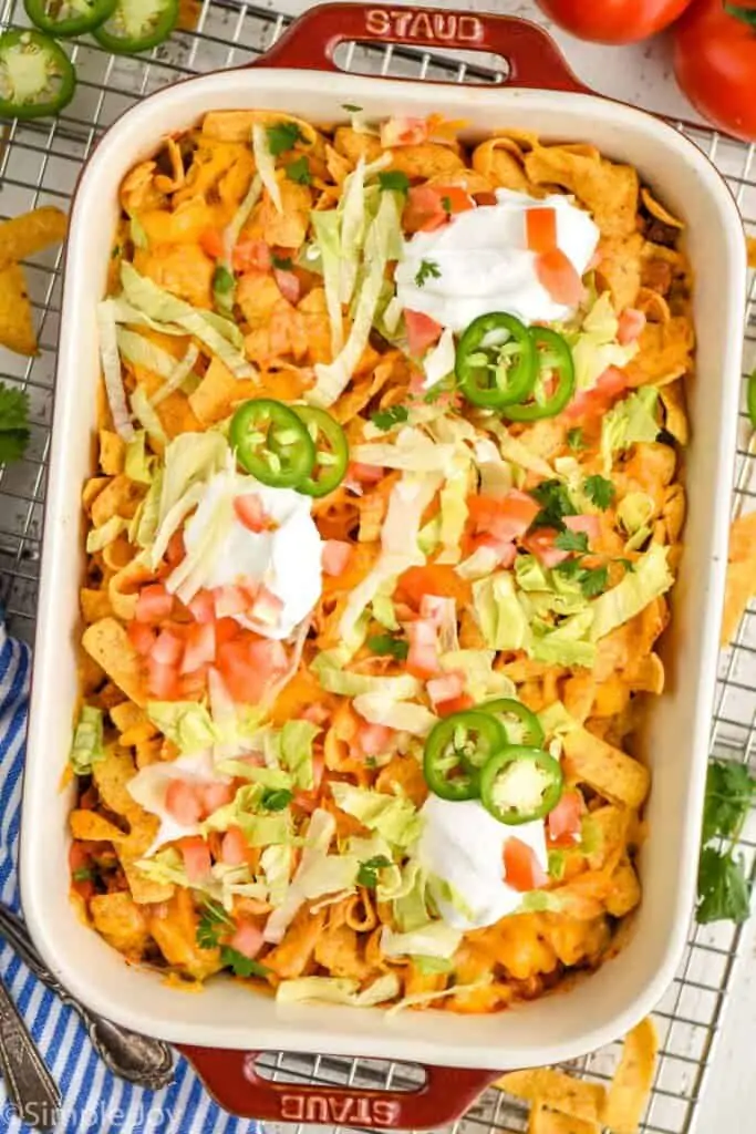 overhead of a casserole dish of walking taco casserole