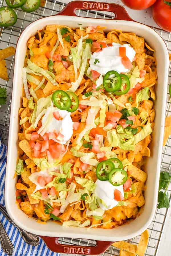 overhead of a casserole dish of walking taco casserole