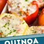 Pinterest graphic of close up of a quinoa stuffed pepper in a baking dish