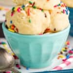 pinterest graphic of a small bowl filled with scoops of edible sugar cookie dough