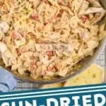 pinterest graphic of overhead of sun dried tomato pasta recipe in a skillet