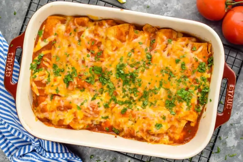 overhead view of black bean enchiladas garnished with cilantro